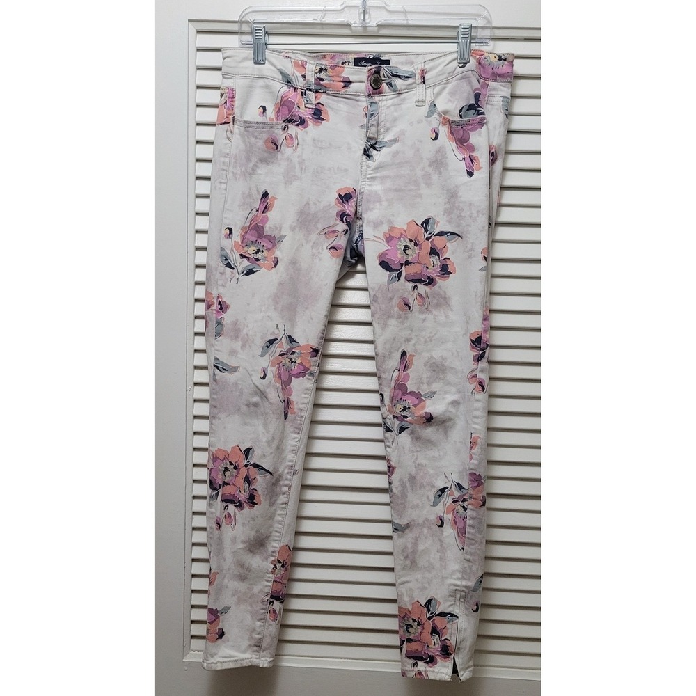Unigue Vibrant Floral Acid Wash Skinny Jeans Grey Pink Purple Ankle Zip Size 8